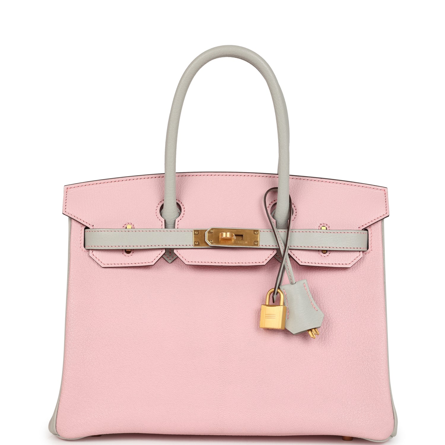 Hermes Special Order  Birkin 30 Rose Sakura and Gris Perle Chevre Brushed Gold Hardware