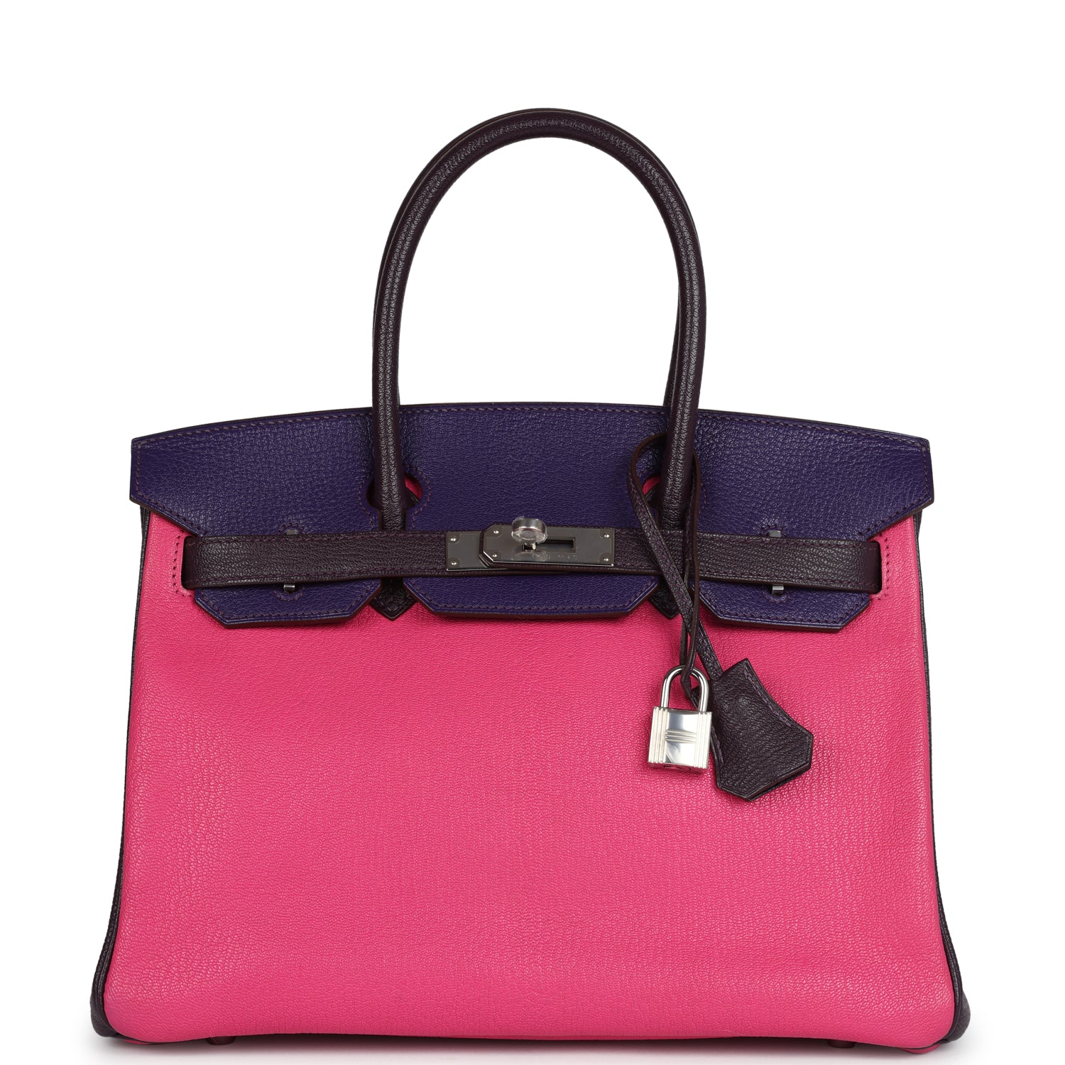 Hermes Special Order  Birkin 30 Tri-color Raisin, Ultraviolet and Rose Shocking Chevre Palladium Hardware
