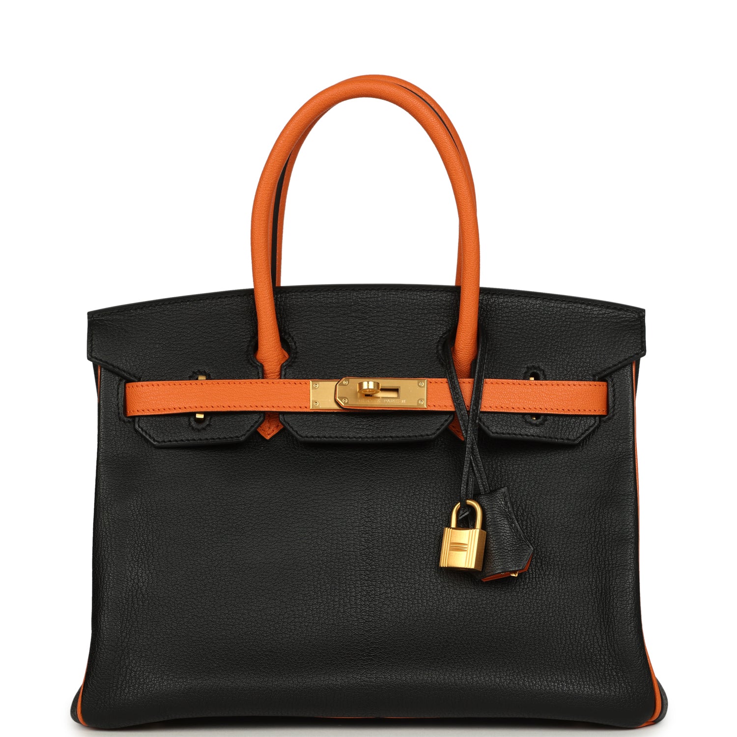 Hermès Special Order  Birkin 30 Black and Orange Chevre Brushed Gold Hardware