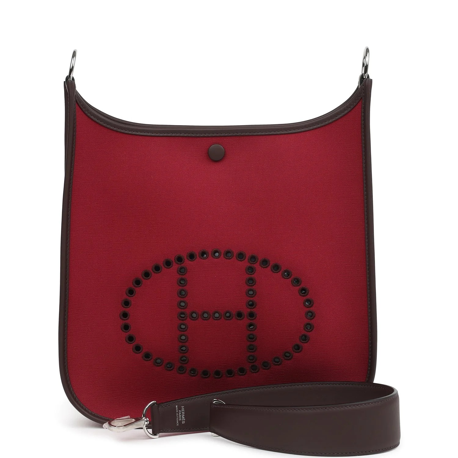 Hermès Neo Evelyne PM Rubis Officier Canvas and Rouge Sellier Swift Palladium Hardware