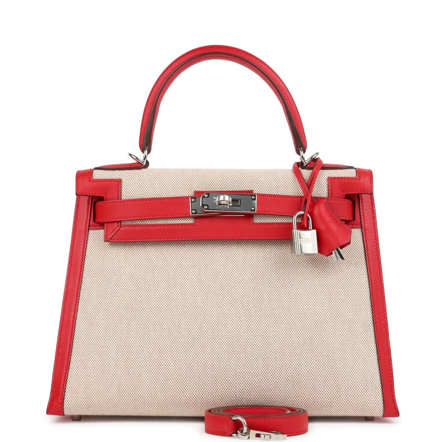 Hermès Kelly Sellier 28 Rouge De Coeur Swift and Beige-Ecru Toile H Canvas Palladium Hardware