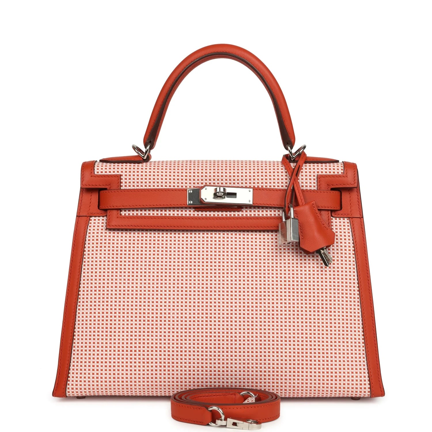 Hermès Quadrille Kelly Sellier 28 Brique Toile and Terre Battue Swift Palladium Hardware