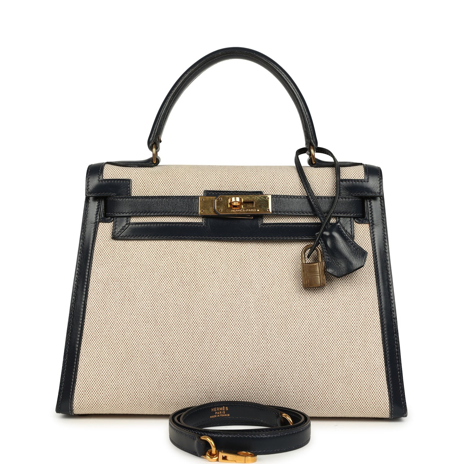 Hermès Kelly Sellier 28 Bleu Marine Box and Beige-Ecru Toile H Canvas Gold Hardware