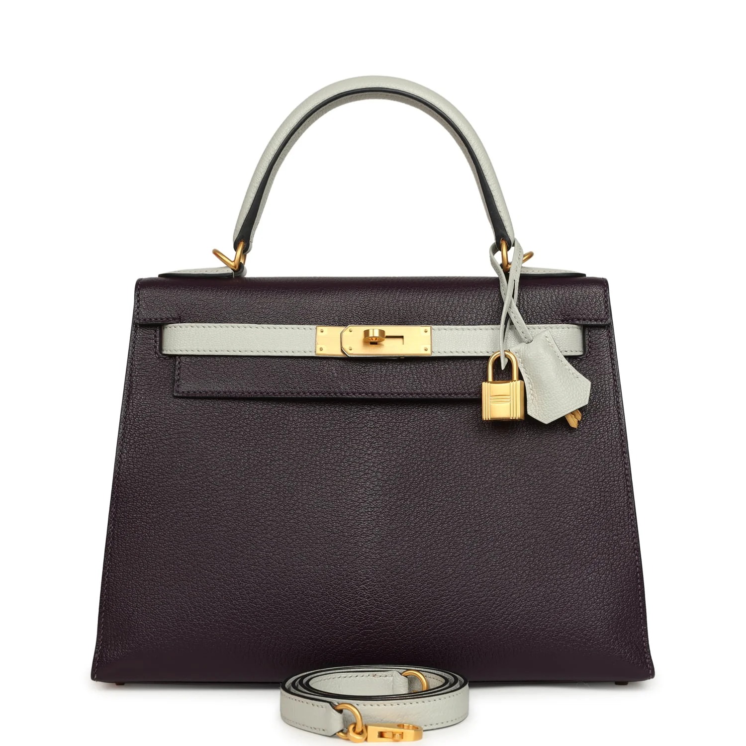 Hermès Special Order Kelly Sellier 28 Raisin and Gris Perle Chevre Brushed Gold Hardware