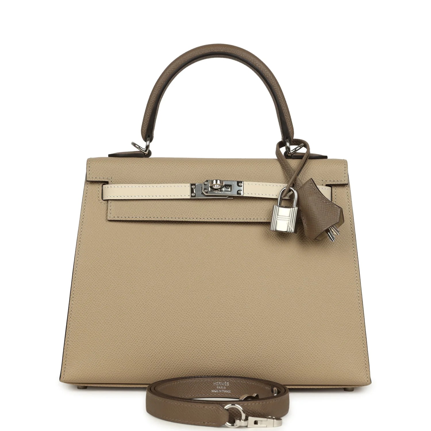 Hermès Kelly Sellier 25 Tri-Color Etoupe, Craie, Trench Epsom Palladium Hardware
